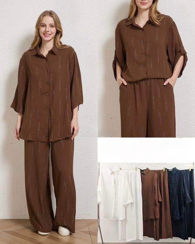 TUTA COMPLETA CAMICIA A MANICHE 3/4 E PANTALONE A GAMBE LARGHE CON STRISCE DI LUREX