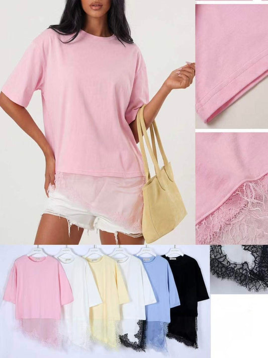 T-shirt oversize con tessuto di raso in pizzo