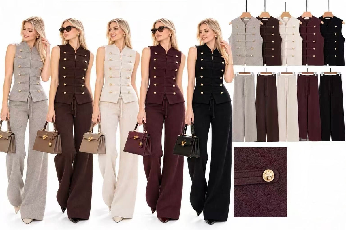 COMPLETO GILET CON BOTTONI DORATI E PANTALONE A PALAZZO