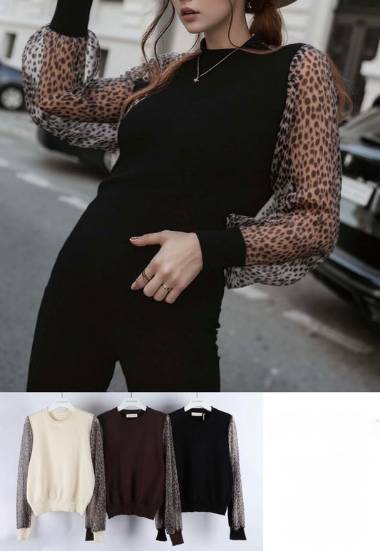 MAGLIERIA CON MANICHE LUNGHE TRASPARENTE STAMPA ANIMALIER IN LUREX