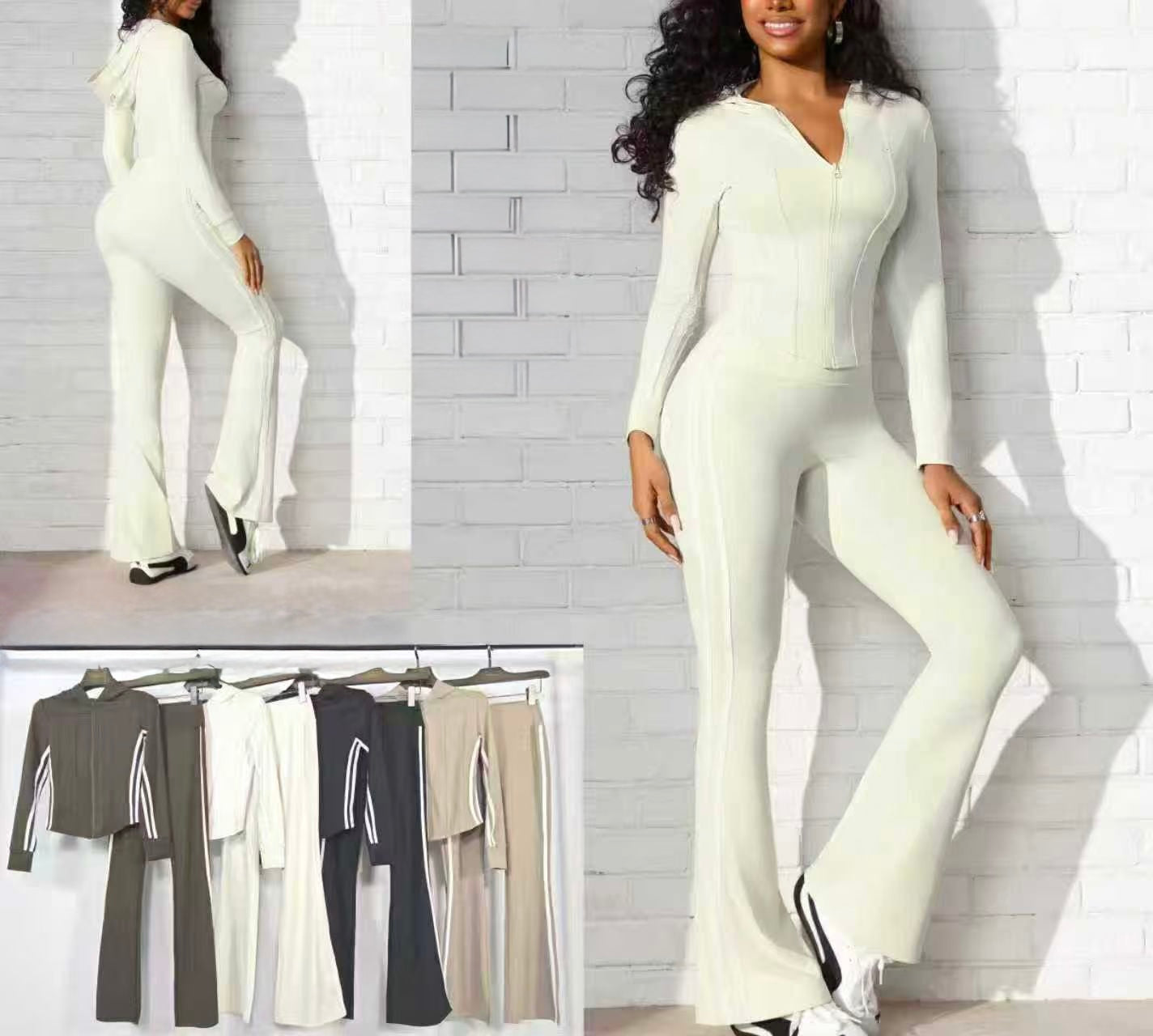 TUTA COMPLETA DI YOGA FELPA CON CAPPUCCIO CON STRISCE LATERALE E PANTALONE A ZAMPA CON STRISCE LATERALE