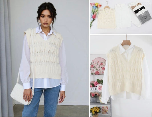 MAGLIERIA 2 PEZZI CAMICIA BIANCA A MANICHE LUNGHE E GILET DI LANA TRAFORATA SCOLLA V