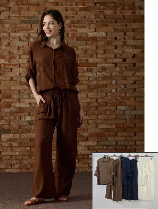 SET CAMICIA CON RICAMATO E PANTALONE A PALAZZO