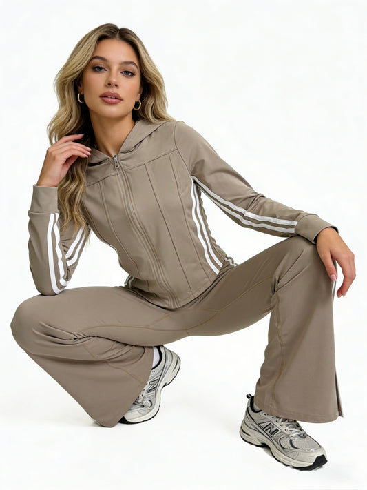 TUTA COMPLETA DI YOGA FELPA CON CAPPUCCIO CON STRISCE LATERALE E PANTALONE A ZAMPA CON STRISCE LATERALE