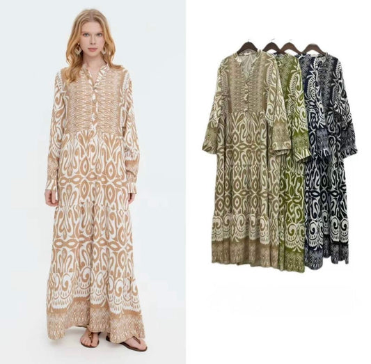 VESTITO LUNGO A COLLO COREANO A MANICHE LUNGHE A FANTASIA CON BRILLANTINI