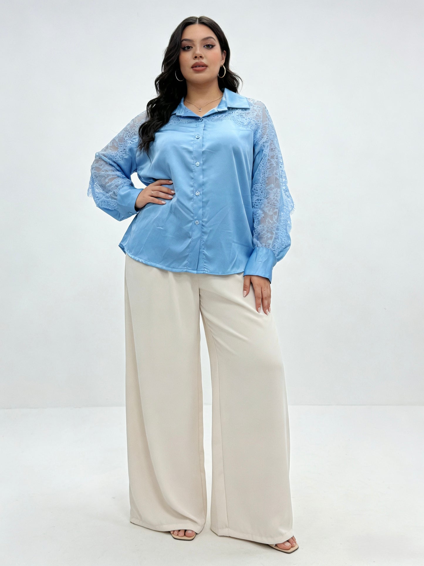 CAMICIA DI RASO A MANICHE LUNGHE IN PIZZO TAGLIA CURVY