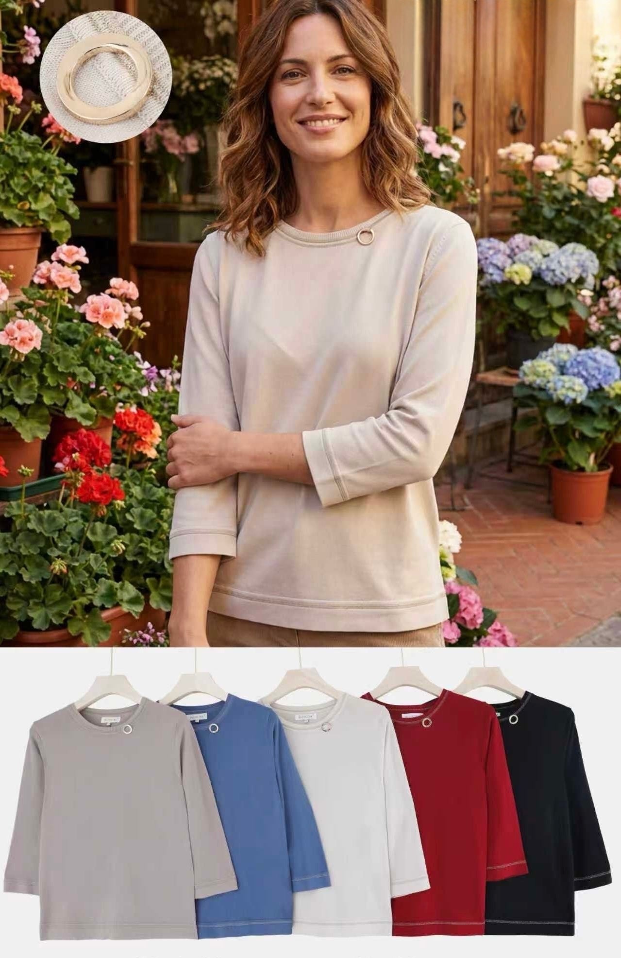 MAGLIETTA DI VISCOSA A MANICHE 3/4 CON STRISCE IN LUREX