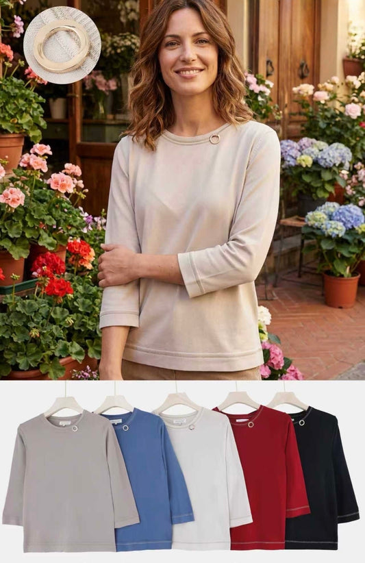 MAGLIETTA DI VISCOSA A MANICHE 3/4 CON STRISCE IN LUREX