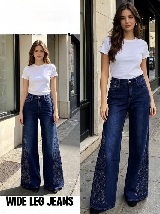 JEANS A PALAZZO CON RICAMATO E BRILLANTINI TAGLIA CURVY