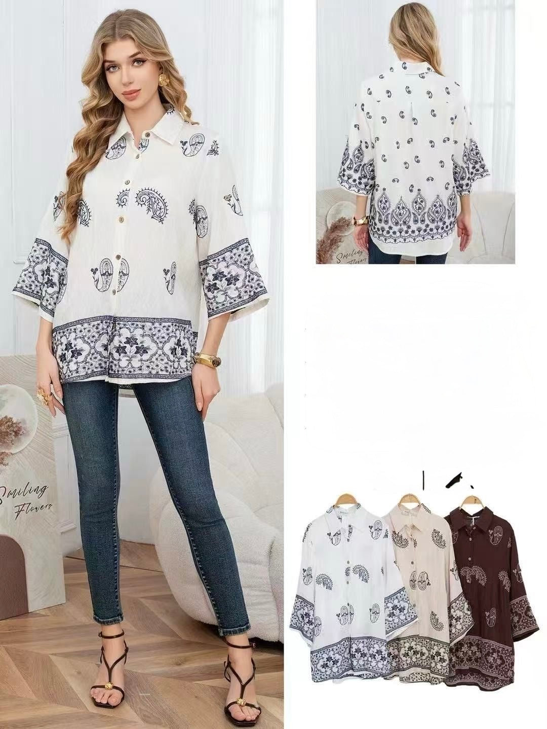 CAMICIA CON COLLETTO A MANICHE 3/4 DISEGNI A RICAMATA 70% DI COTONE 30% DI LINO