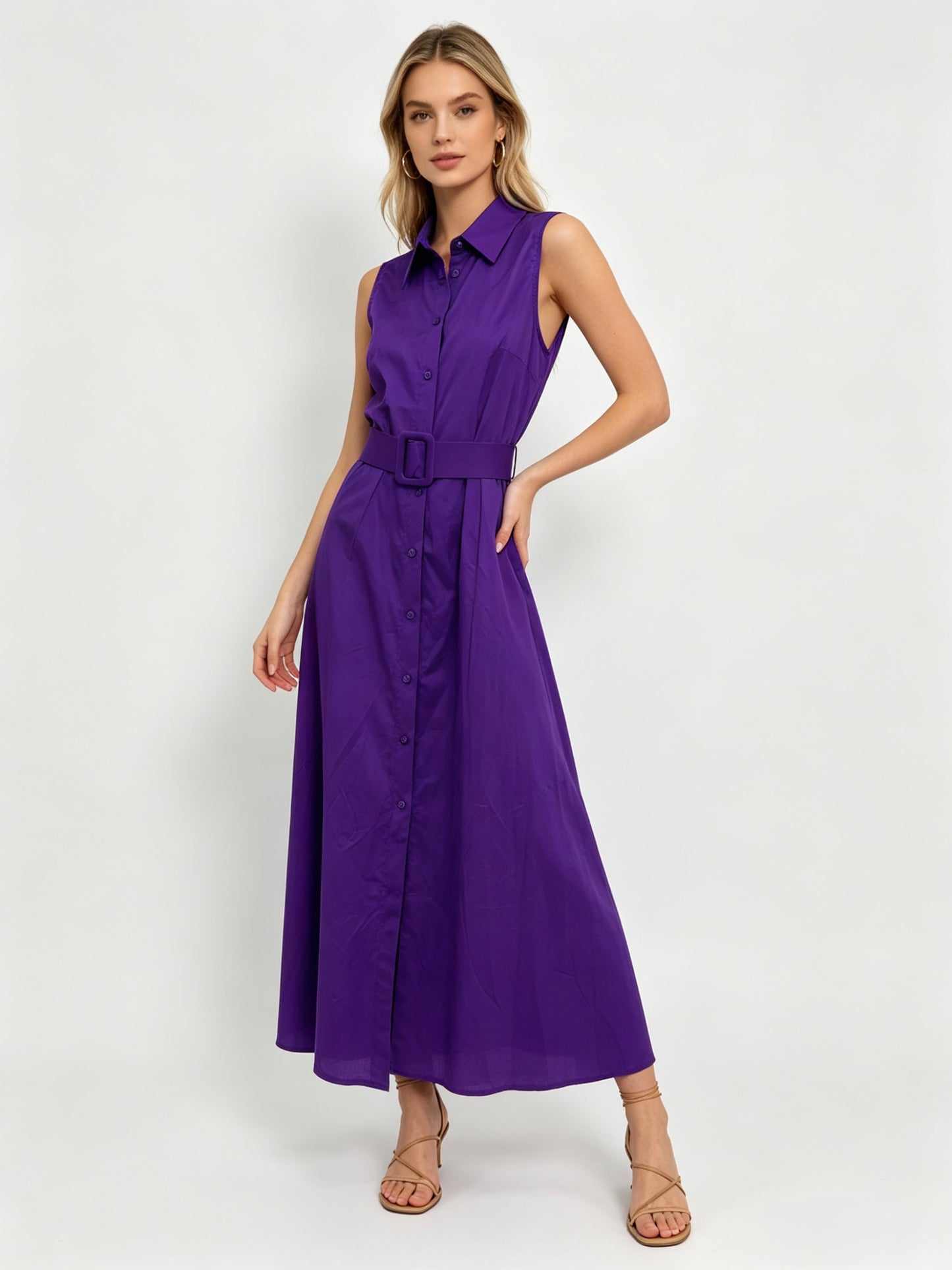VESTITO LUNGO CON COLLETTO 100% DI COTONE A BOTTONI CON CINTURA