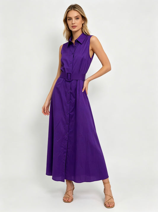 VESTITO LUNGO CON COLLETTO 100% DI COTONE A BOTTONI CON CINTURA