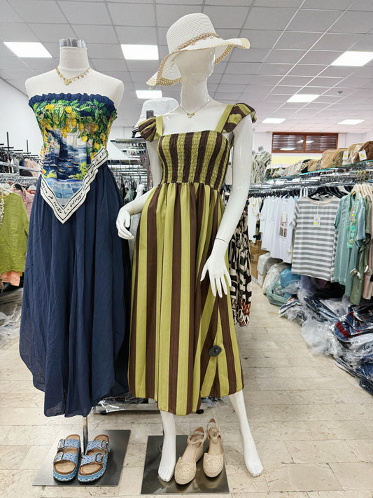 VESTITO AL CAVIGLIA A RIGHE CON BRETELLE A VOLANT