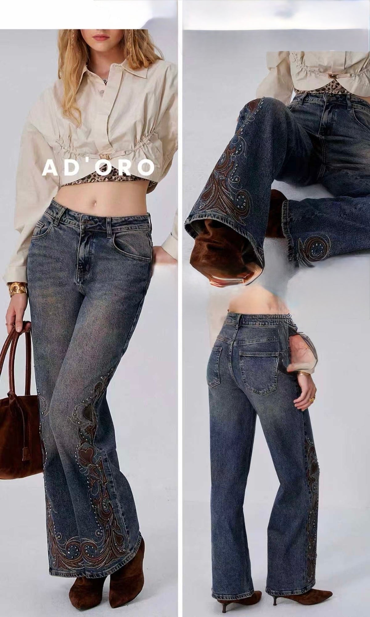JEANS A PALAZZO CON EFFETTO PELLE E RICAMATA