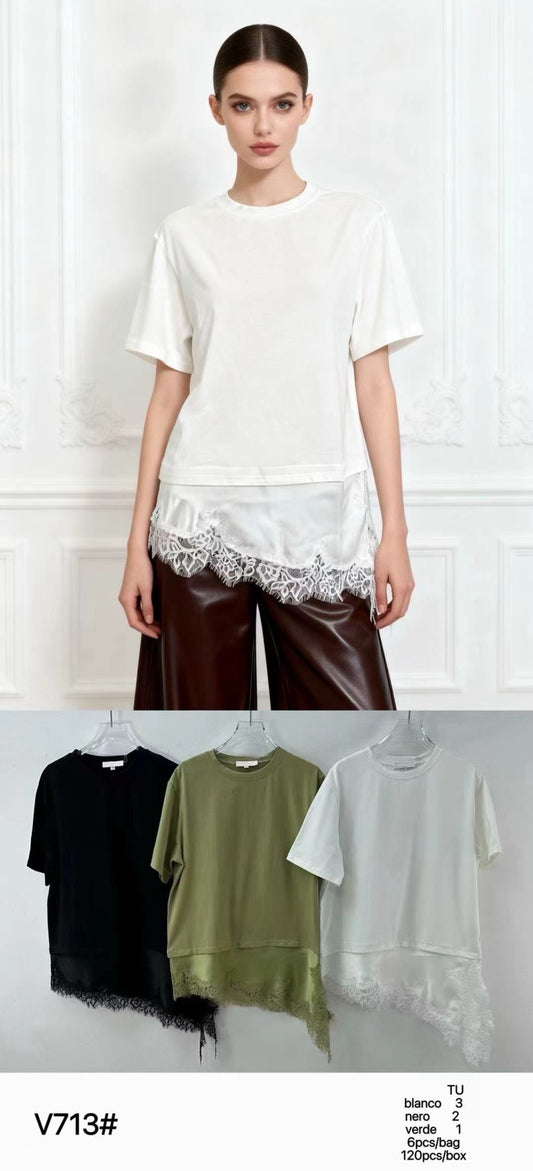 T-SHIRT A GIROCOLLO CON RASO E PIZZO