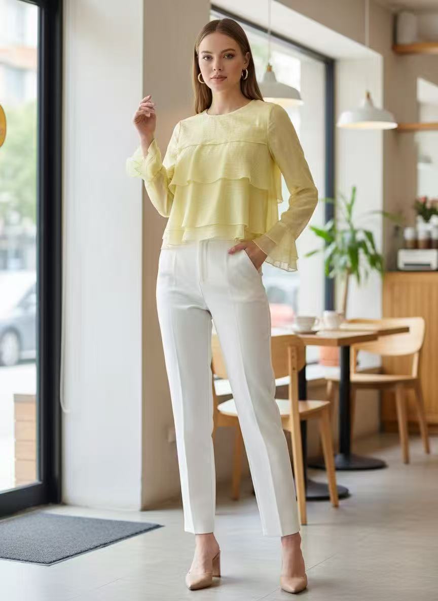 BLUSA DI TENCEL CORTA A MANICHE LUNGHE A VOLANT