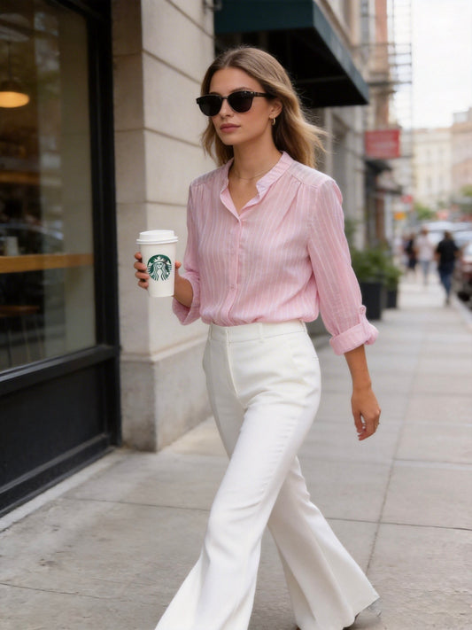 CAMICIA DI TENCEL A RIGHE A COLLO COREANO A MANICHE LUNGHE