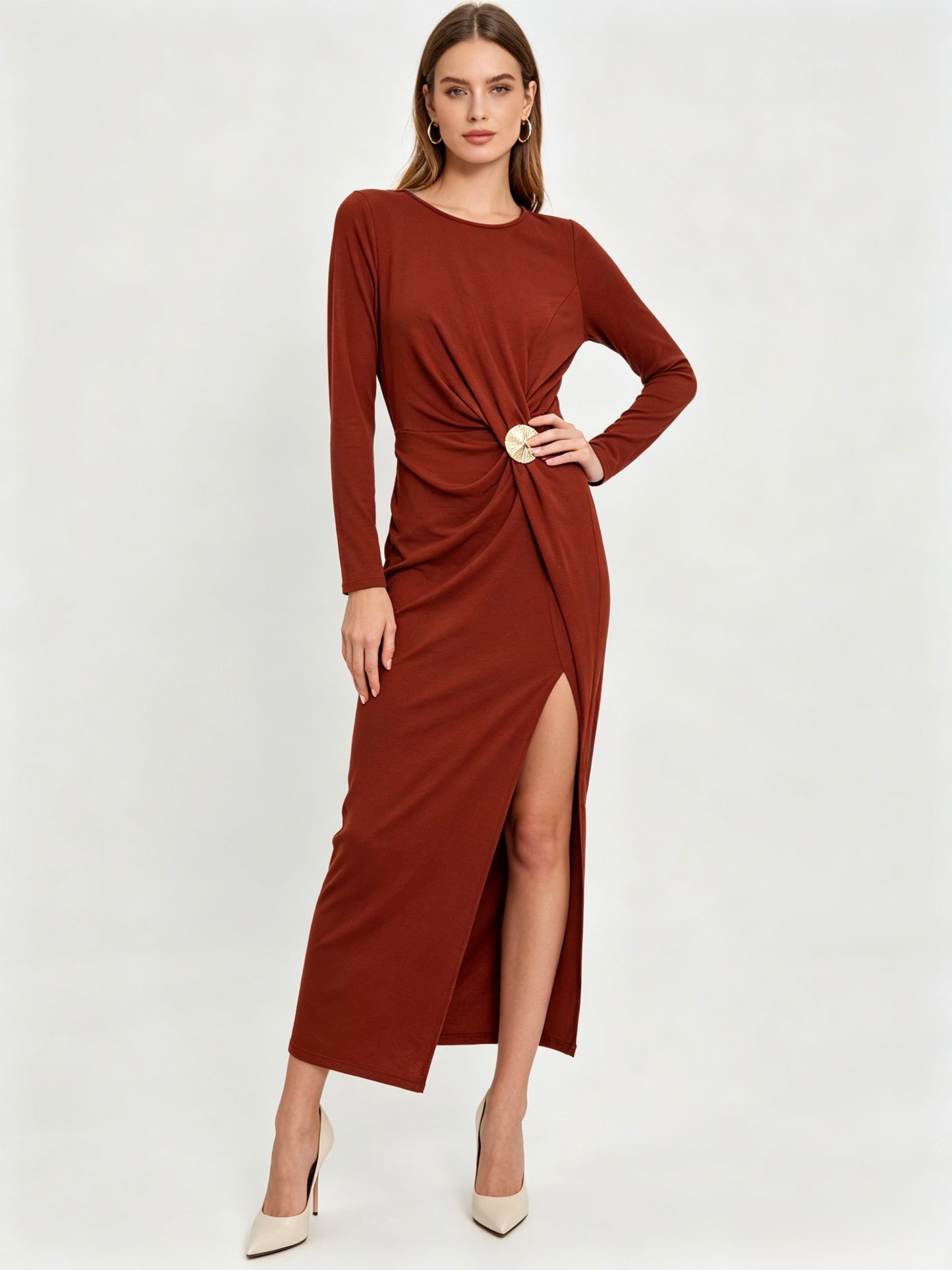 VESTITO LUNGO A MANICHE 3/4 CON DETTAGLIO DORATO