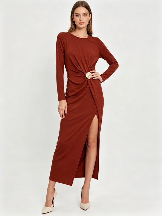 VESTITO LUNGO A MANICHE 3/4 CON DETTAGLIO DORATO