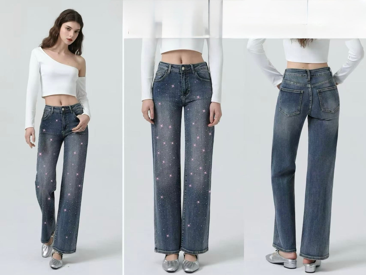 JEANS A WIDE LEG CON BRILLANTINI ROSSE