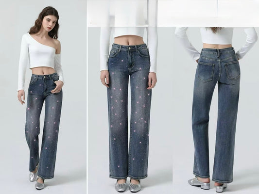 JEANS A WIDE LEG CON BRILLANTINI ROSSE