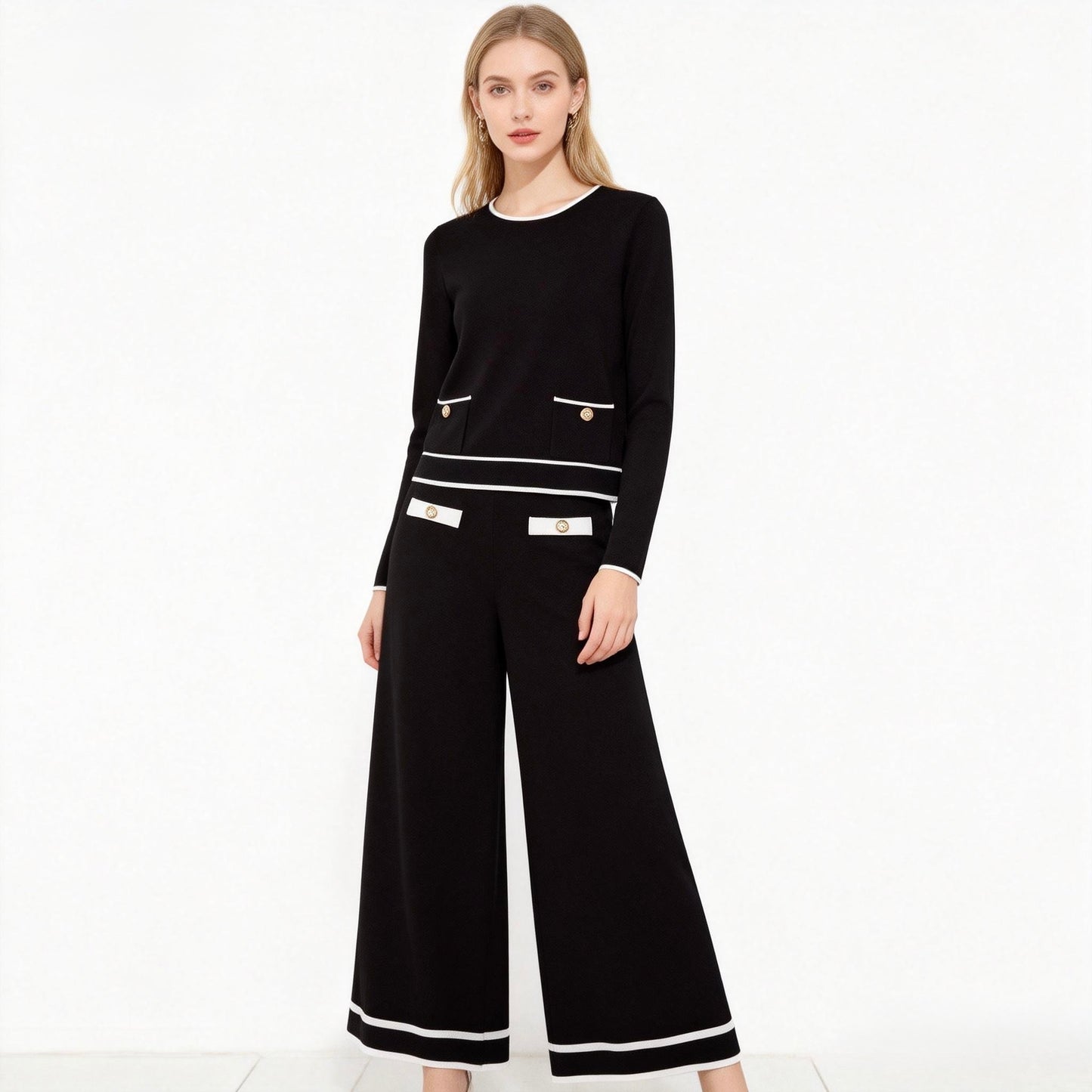 SET VISCOSA STYLE CHANEL MAGLIETTA A MANICHE E PANTALONE A GAMBE LARGHE E DRITTA