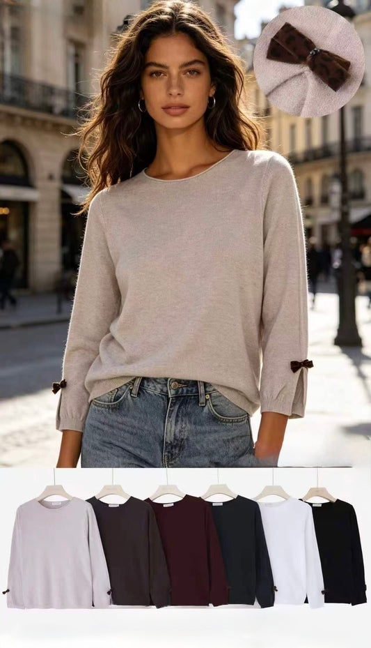 MAGLIONE DI LANA RASATA A MANICHE 3/4 CON FIOCCHI LEOPARDATI