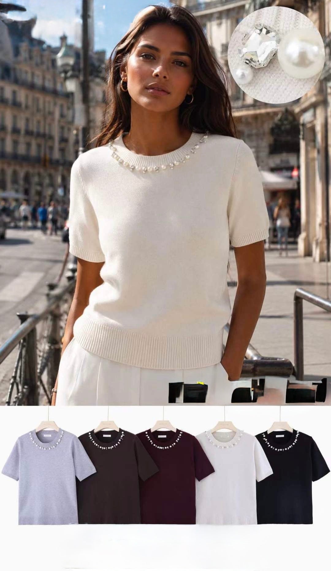 MAGLIONE A MANICHE CORTE A GIROCOLLO CON PERLE E ZIRCONI